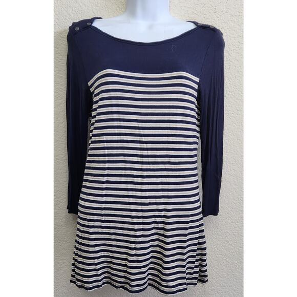Max Studios Blue White Gold Striped Boat Neck Top Small Lightweight 3/4 Sleeves - Picture 1 of 6